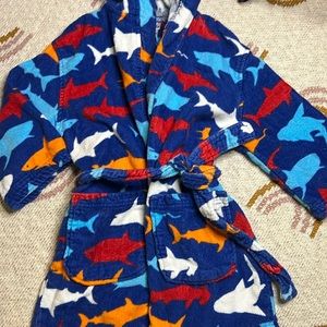 Shark print robe kids size XS 3/4 hood tie waist pool/beach/bath time